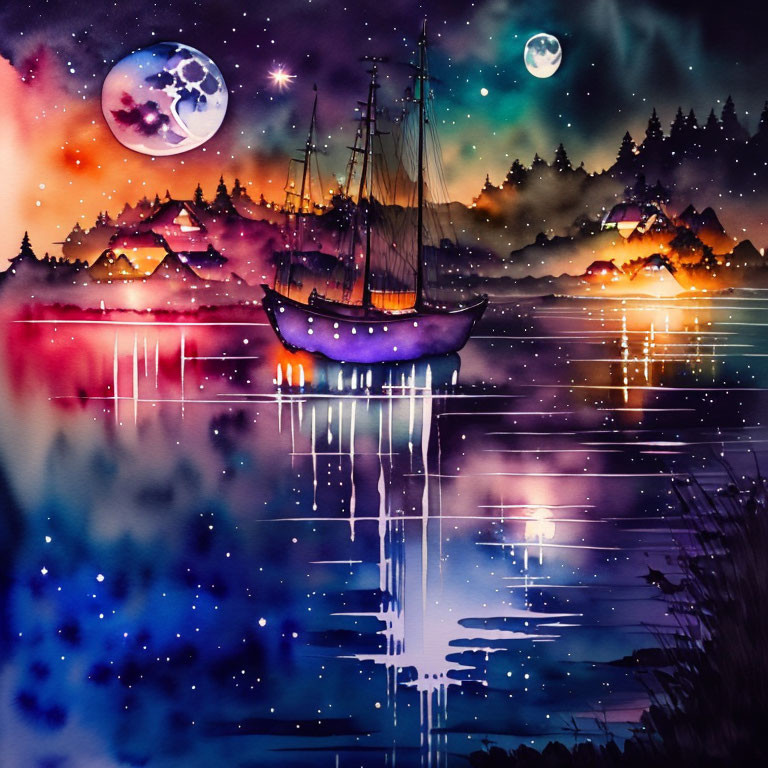 Colorful Watercolor Painting: Ship on Tranquil Lake Under Night Sky