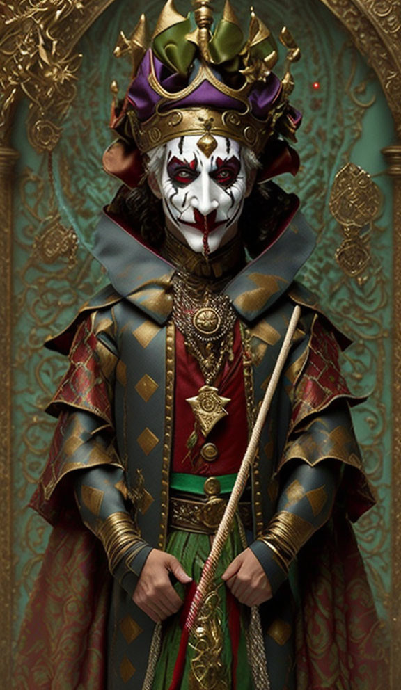 Regal jester in ornate costume with crown, mask, and scepter