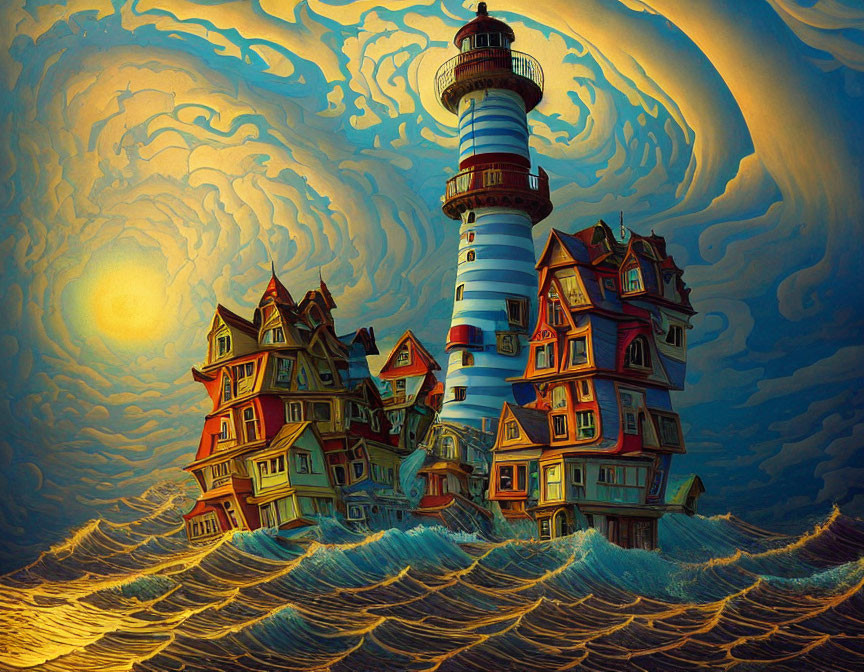Whimsical lighthouse and colorful houses in swirling waves
