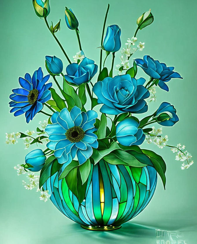 Blue Flower Bouquet in Round Glass Vase on Teal Background