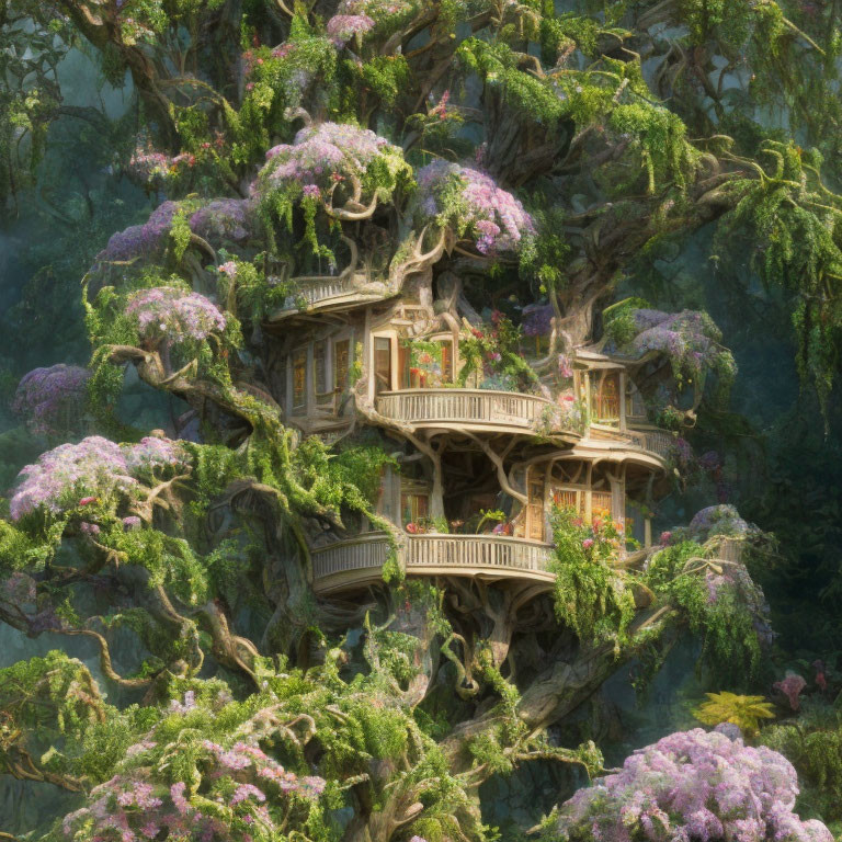 Whimsical treehouse in ancient tree with lush greenery & purple flowers