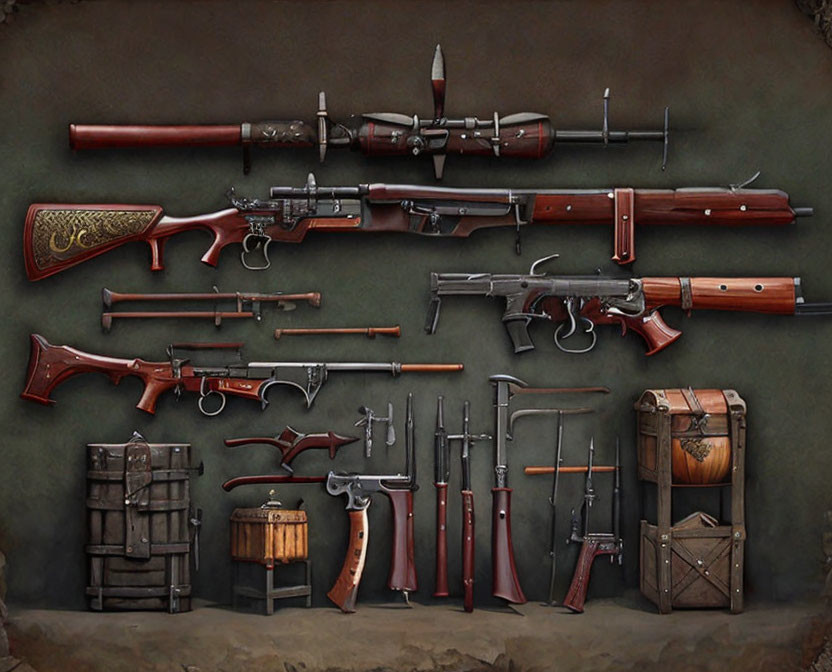 Vintage Firearms and Melee Weapons Displayed on Earthy Background
