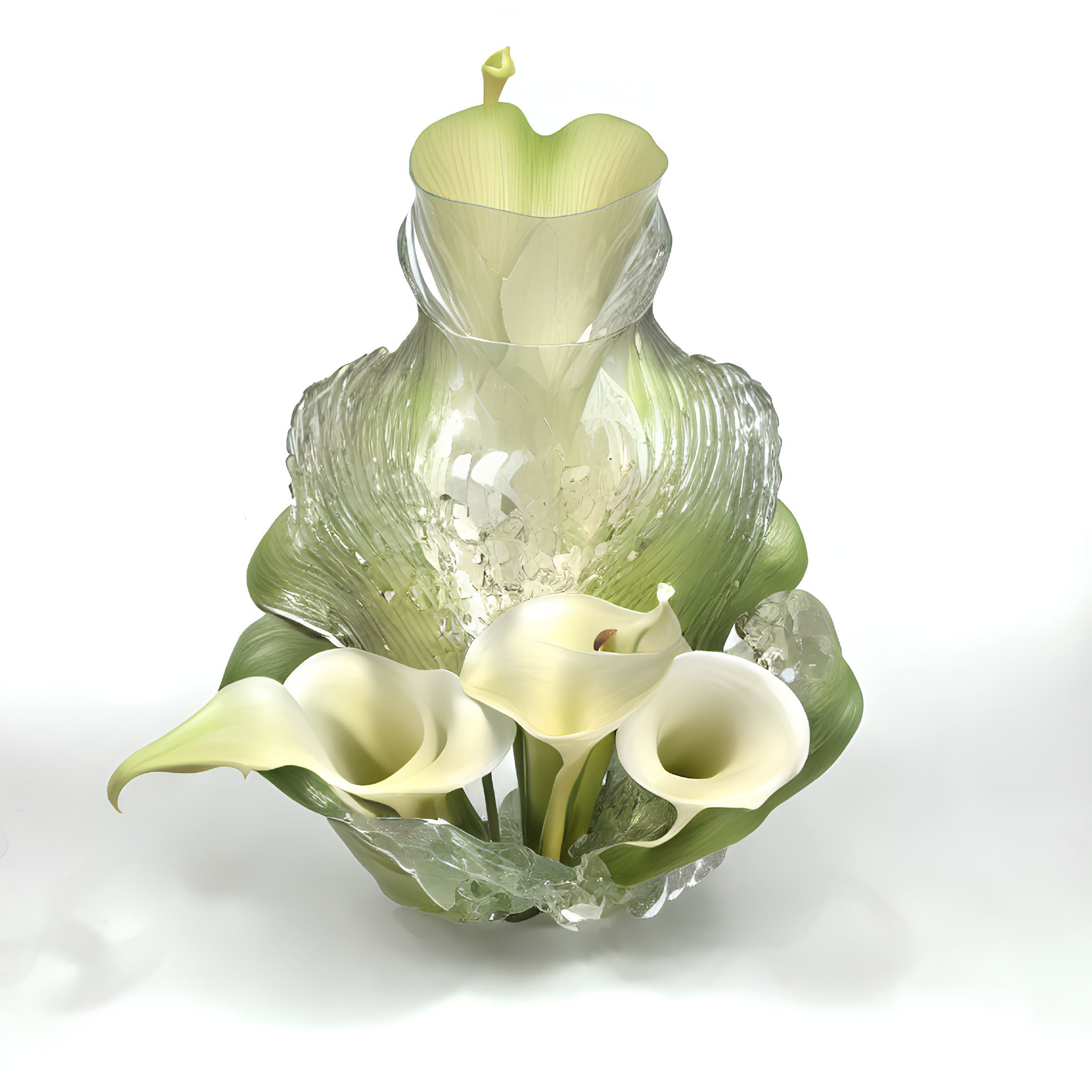 Textured Glass Vase with White Calla Lilies on White Background
