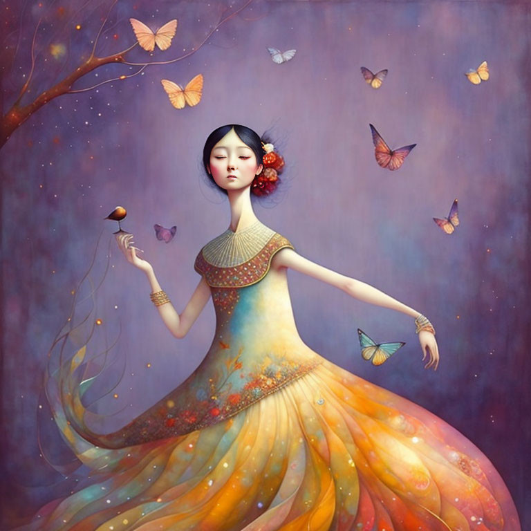 Whimsical illustration of graceful female figure with butterflies in colorful setting