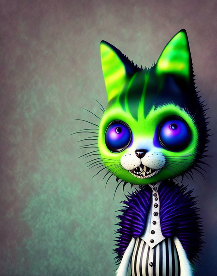 Digital artwork: Cat with green & black fur, purple eyes, striped shirt, purple jacket