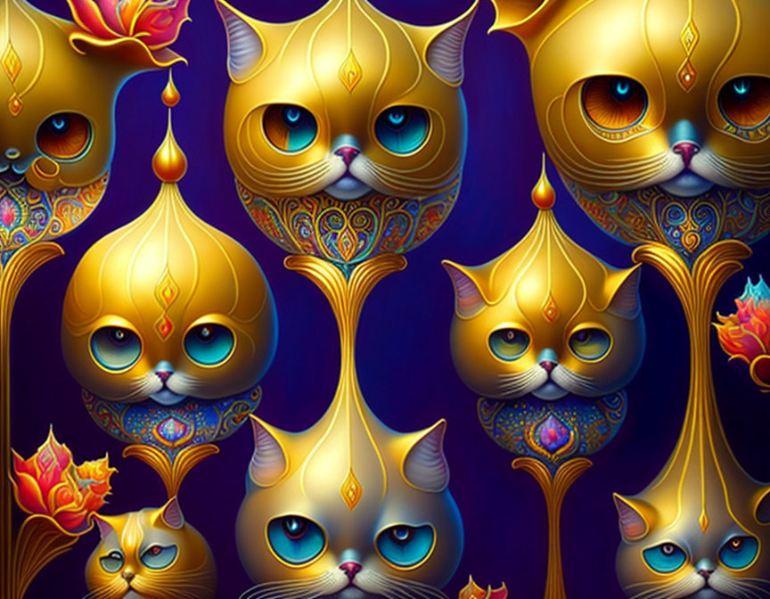 Ornate Golden Cats with Large Eyes on Deep Blue Background