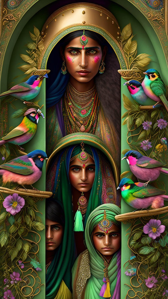 Vivid digital artwork of women in South Asian attire with birds and ornate motifs