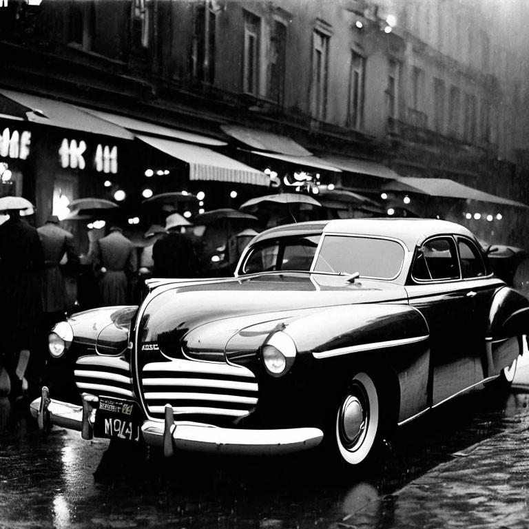 Vintage Black Car on Rainy Street with Umbrella Reflections