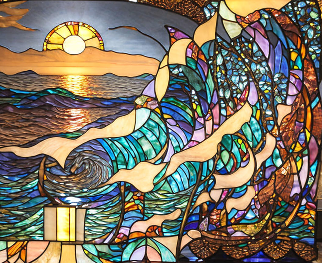 Colorful Stained Glass Art: Ocean Wave and Sunset