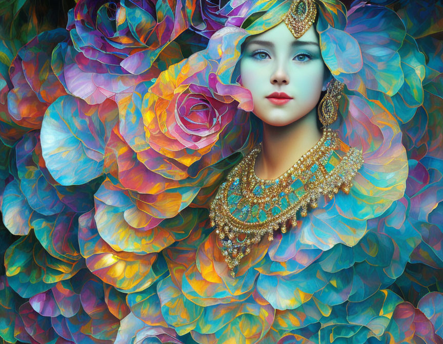 Colorful portrait of a woman's face in roses with gold jewelry