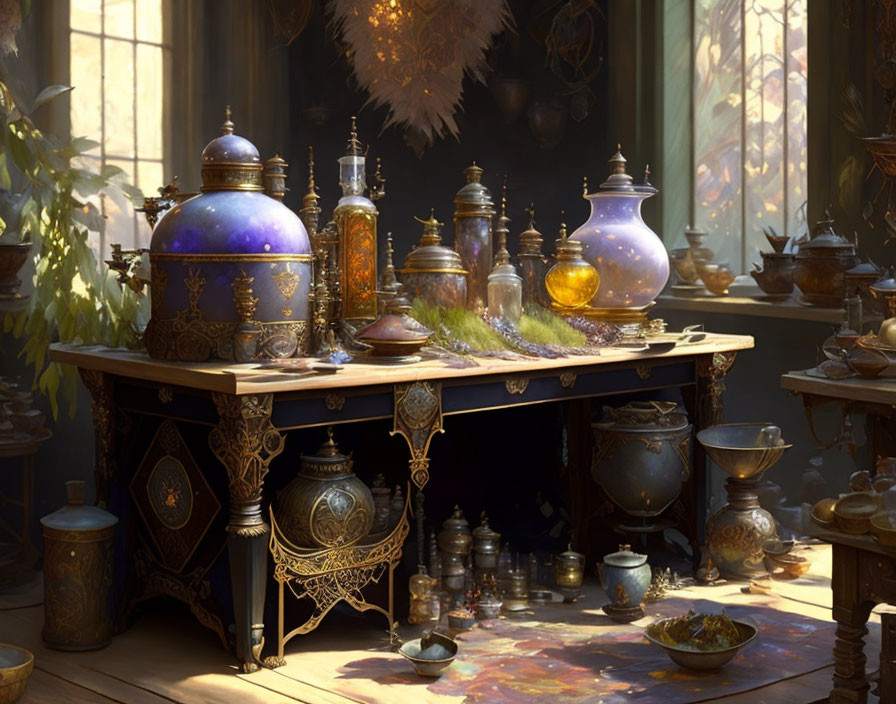 Sunlit ornate room with wooden table and golden decor