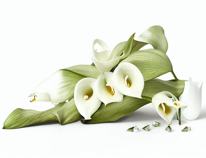 White Calla Lilies and Glass Fragments on White Background