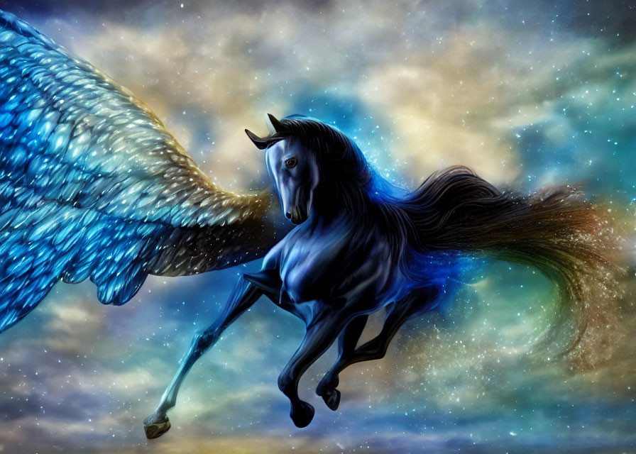 Majestic black winged horse flying in starry night sky