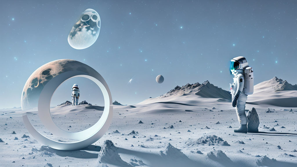 Astronaut on snowy alien landscape with moons and ring-shaped structure
