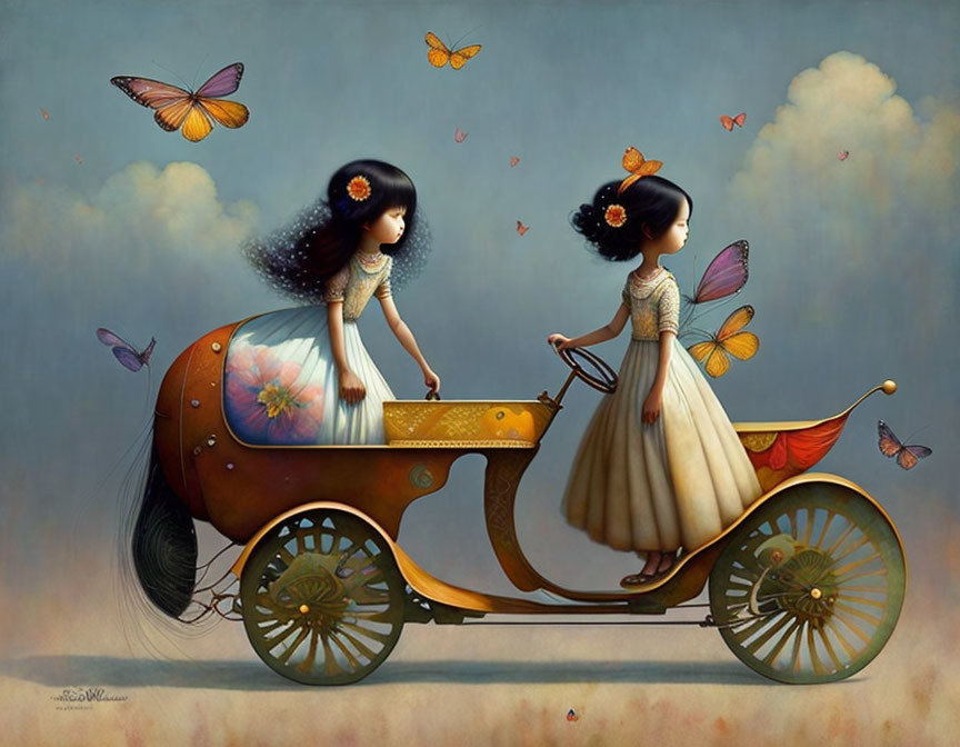 Two fairy-like girls in elegant dresses with butterfly wings tending to a pumpkin-shaped carriage surrounded by butterflies