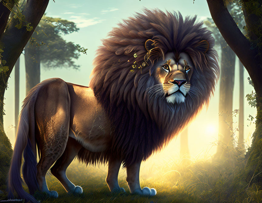 Illustrated lion with voluminous mane in sunlit forest exudes regal power.