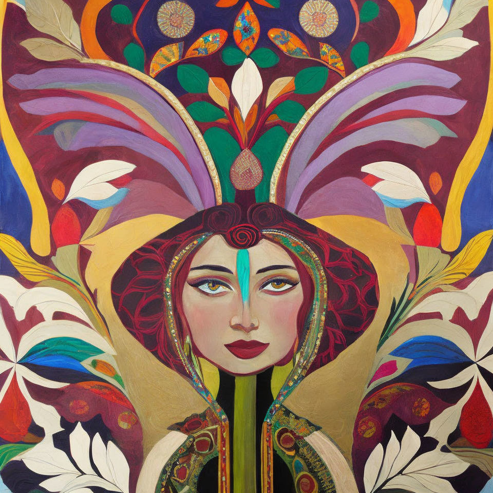 Colorful painting of woman with floral headdress in purples, reds, greens, and