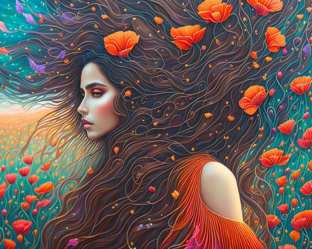 Surreal artwork: Woman with flowing hair in vibrant poppy field
