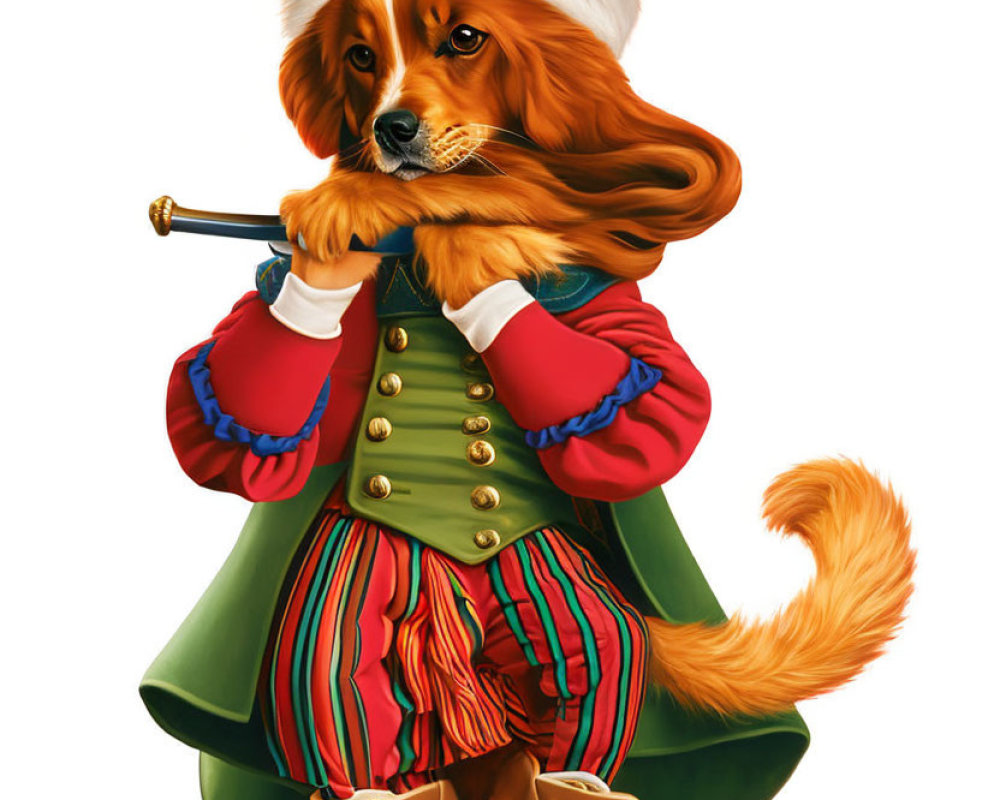 Whimsical dog in colorful renaissance attire with flute