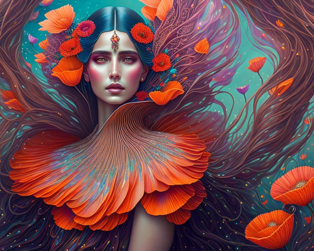 Colorful Artwork of Woman with Decorative Headpiece and Orange Flora