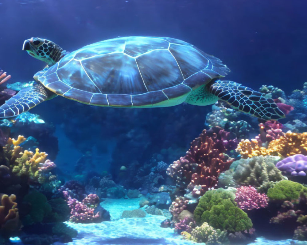 Sea Turtle Swimming Above Vibrant Coral Reef
