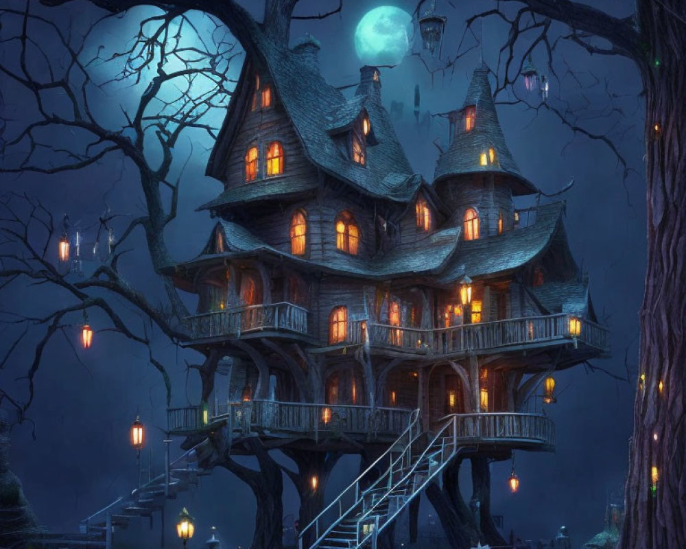 Spooky multi-story treehouse under full moon in dark forest