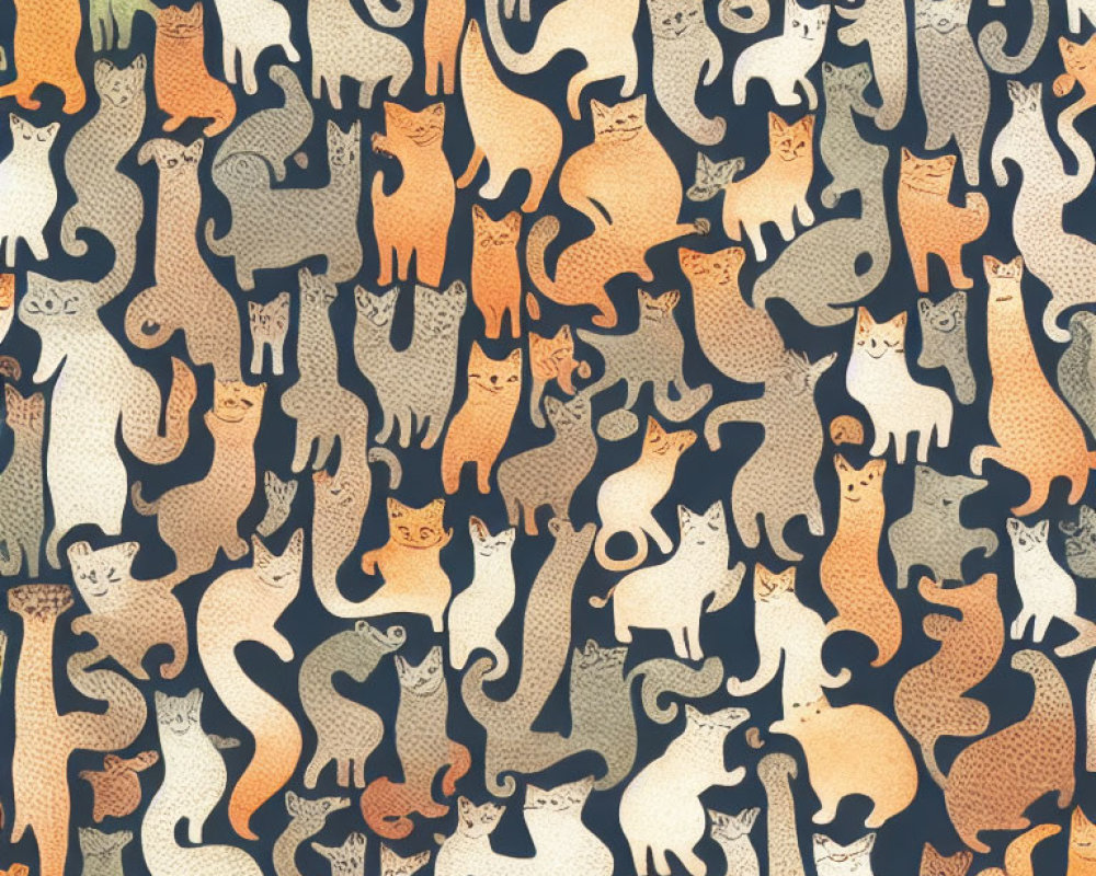 Stylized Cat Pattern in Shades of Orange, Cream, and Grey
