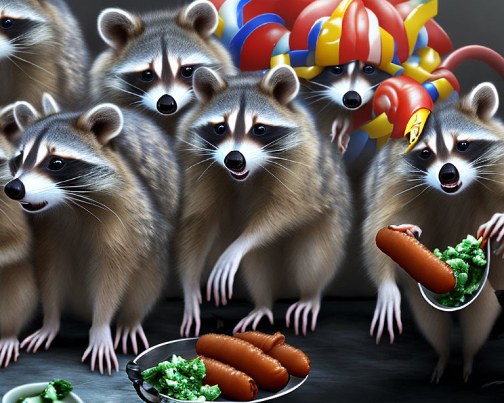 Animated raccoons enjoying hot dogs and salad in festive setting