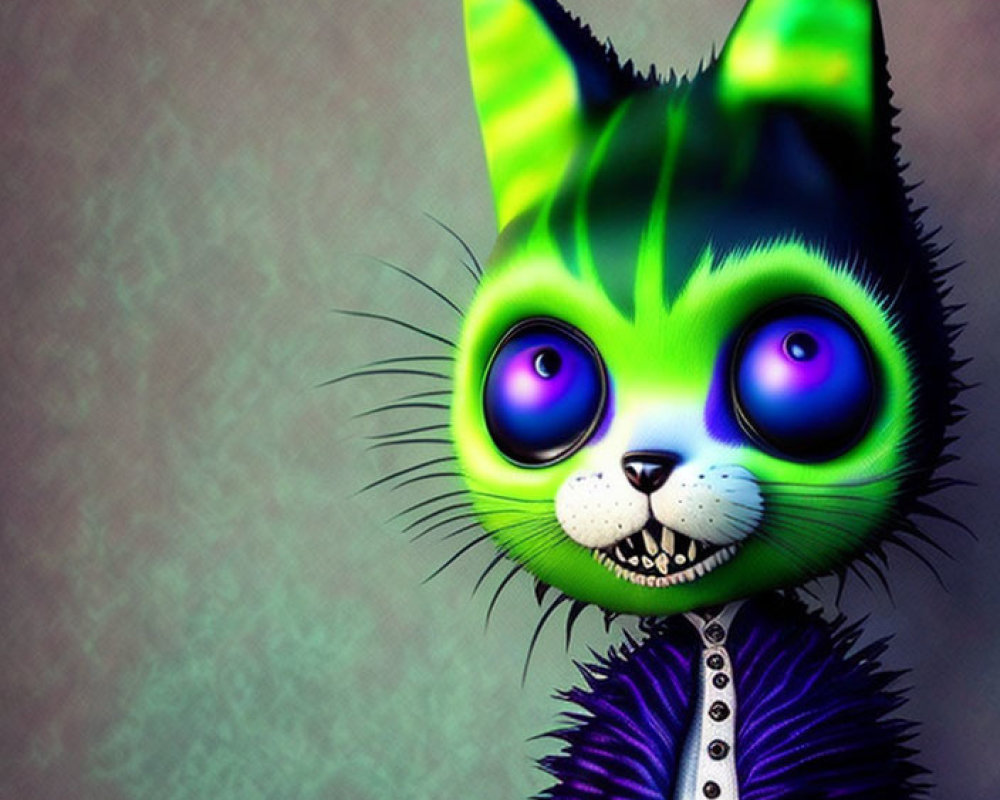 Digital artwork: Cat with green & black fur, purple eyes, striped shirt, purple jacket