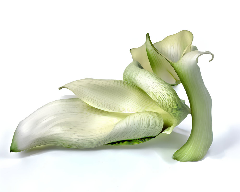 Three white calla lilies on white background with green tint, elegant curves.