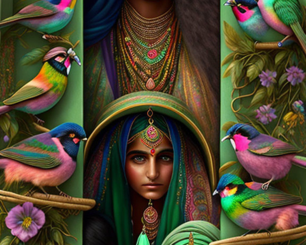 Vivid digital artwork of women in South Asian attire with birds and ornate motifs