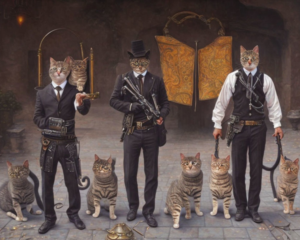 Anthropomorphic Cats in 19th-Century Attire on Cobblestone Street