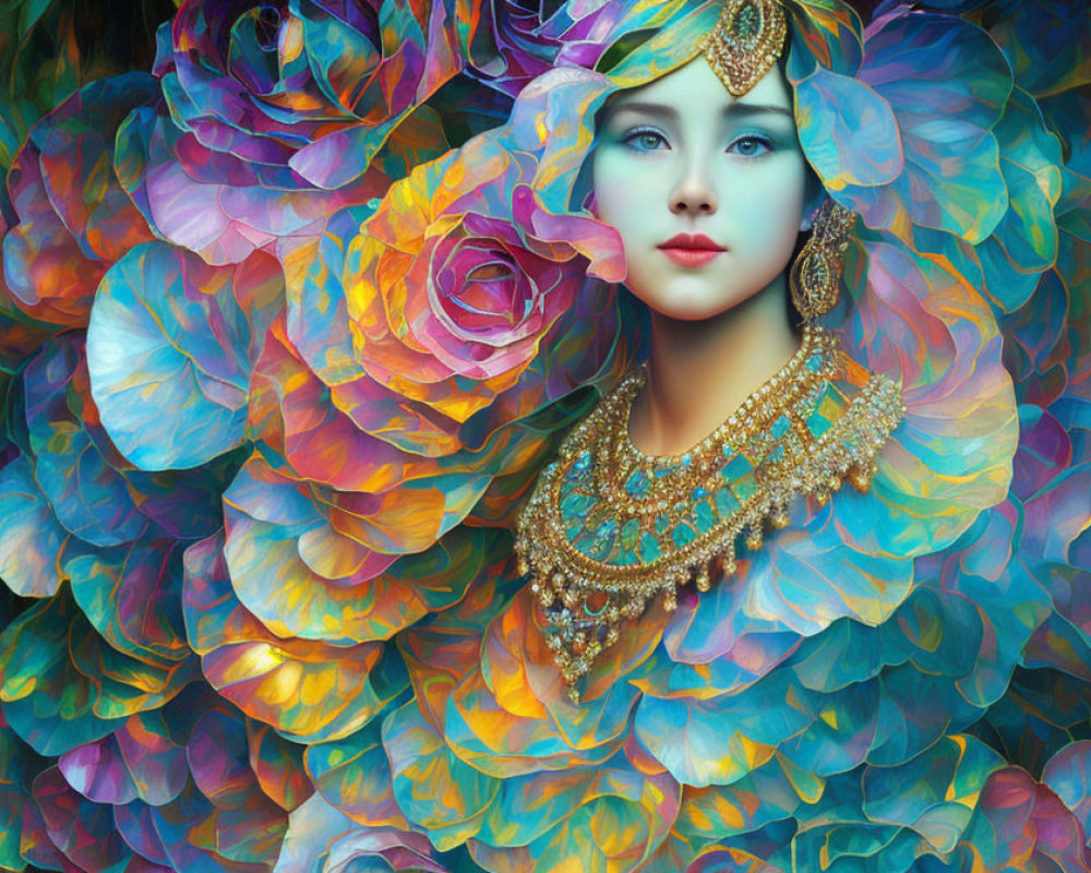 Colorful portrait of a woman's face in roses with gold jewelry