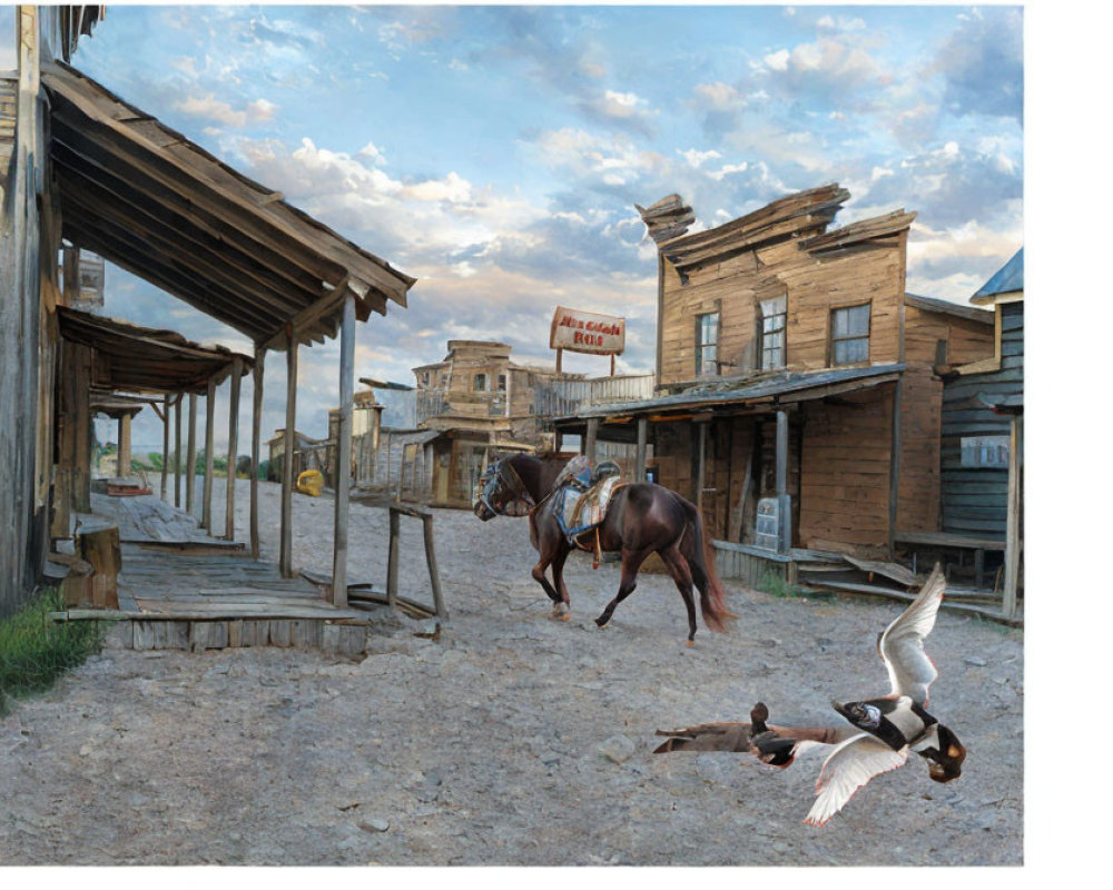 Deserted Western town scene with tied horse and flying geese