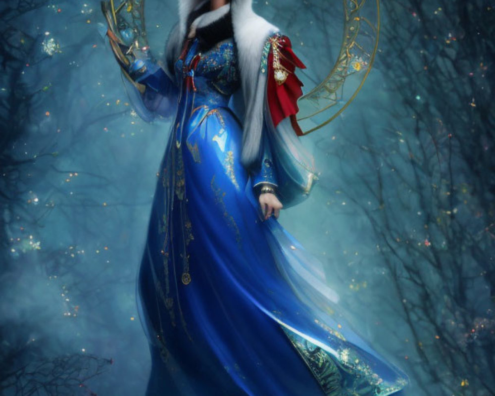 Mystical woman in vibrant blue gown with staff in dreamy forest