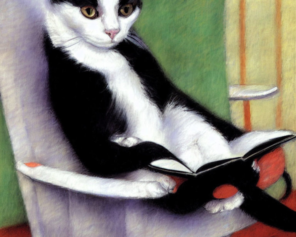 Black and white cat reading book on chair with colorful background