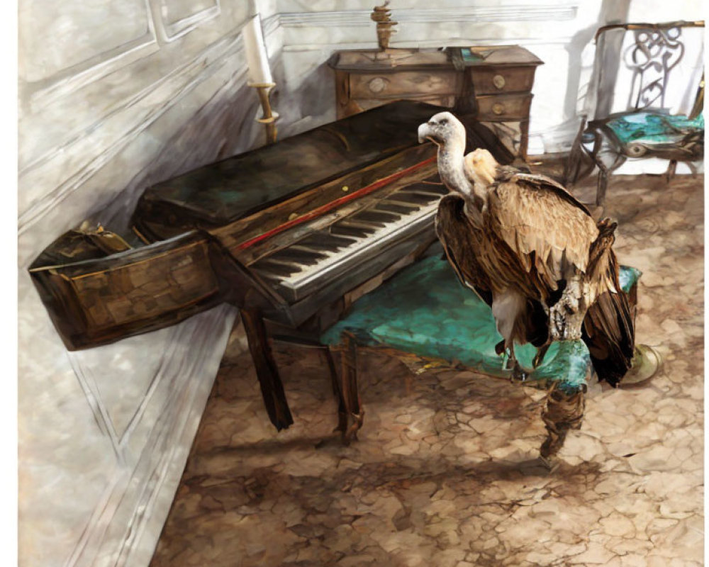 Vulture perched on dusty grand piano in neglected room