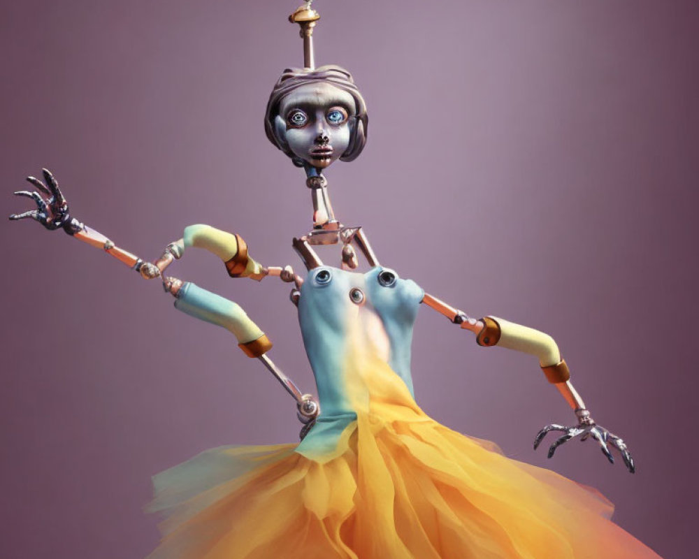 Surreal robotic figure with human-like face in yellow tutu on purple background