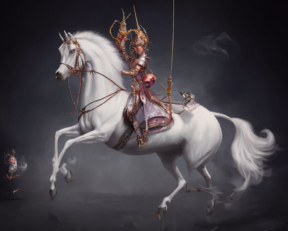 Armored warrior on white horse with golden details in misty setting