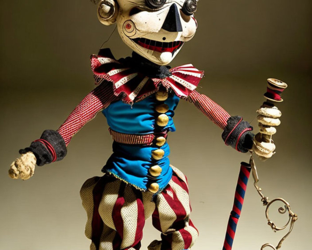 Colorful marionette puppet with clown-like appearance, striped costume, blue buttons, top hat,