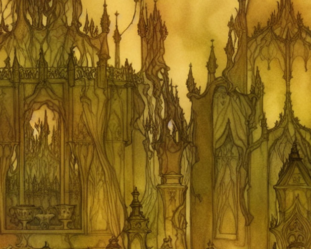 Sepia-Toned Gothic Castle Illustration with Detailed Facade