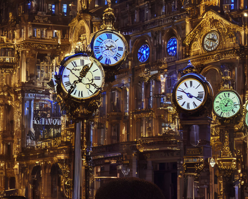 Several illuminated clocks against a backdrop of a lit ornate building at night