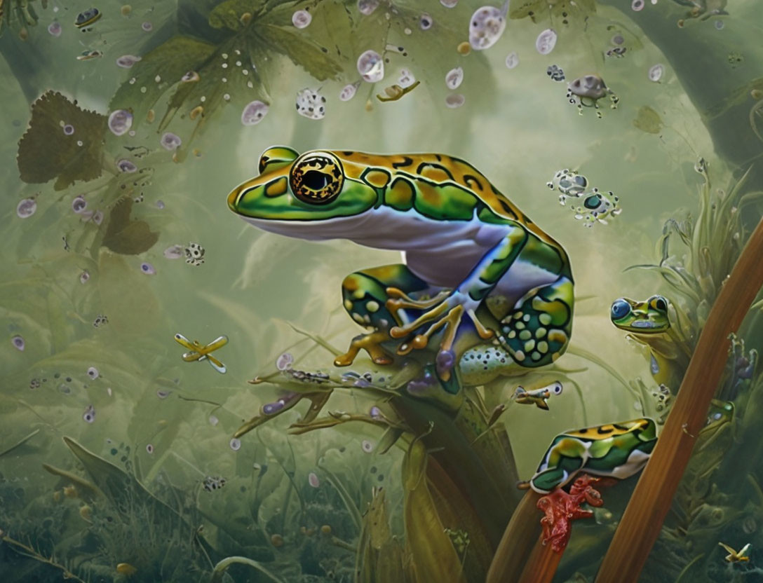 Detailed Illustration: Green Frog on Branch Surrounded by Murky Water