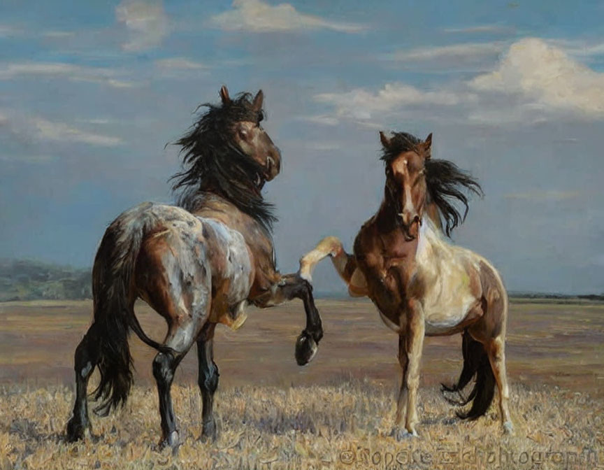 Windswept manes horses interacting in grassy field