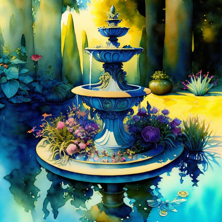 Watercolor painting of multi-tiered garden fountain with lush flowers and magical forest.