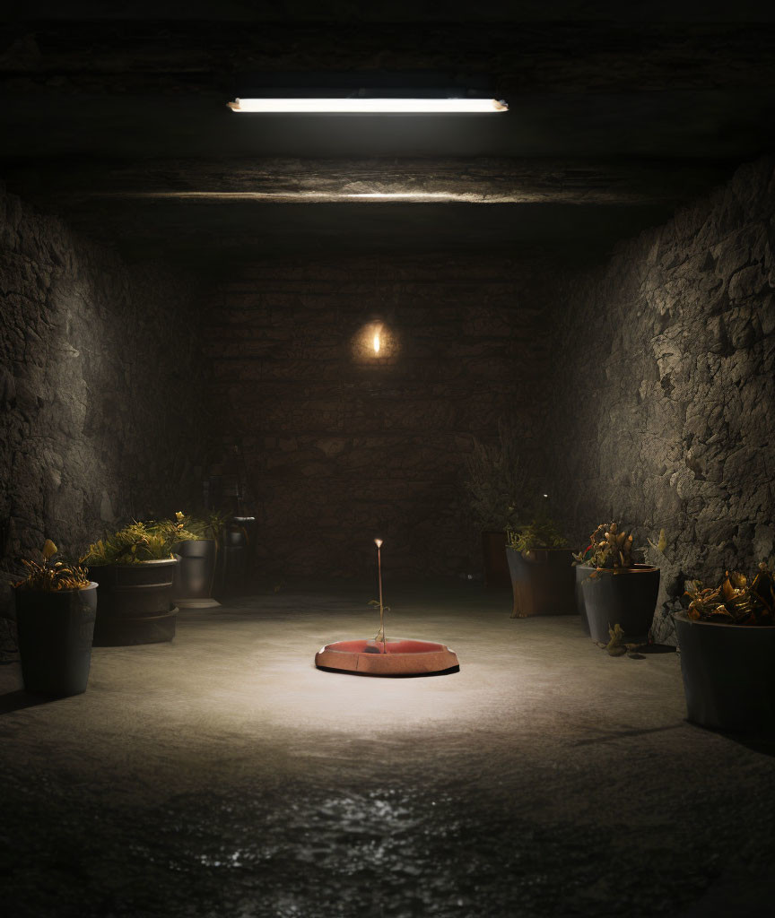 Dimly Lit Stone Room with Candle, Potted Plants, and Light Source