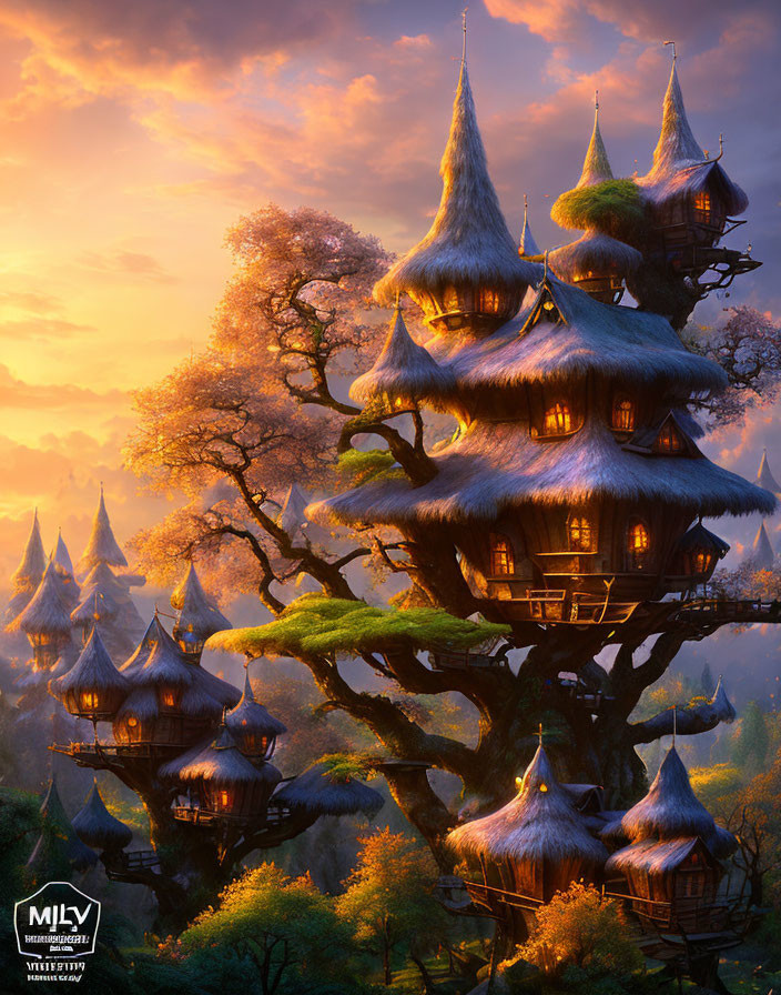 Twilight forest tree houses with pointed roofs in golden light