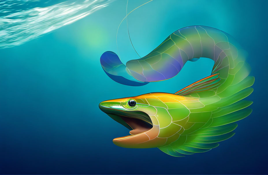 Colorful Fish Illustration with Exaggerated Fins in Blue-Green Waters