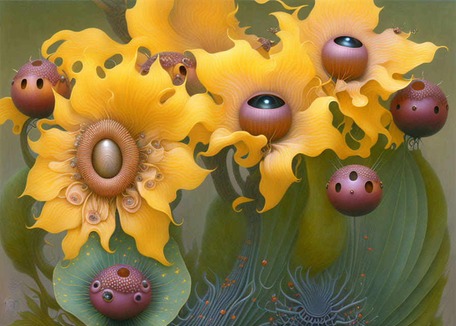 Vibrant surreal artwork: Yellow floral forms, eye-like structures, brown orbs, swirling green stems