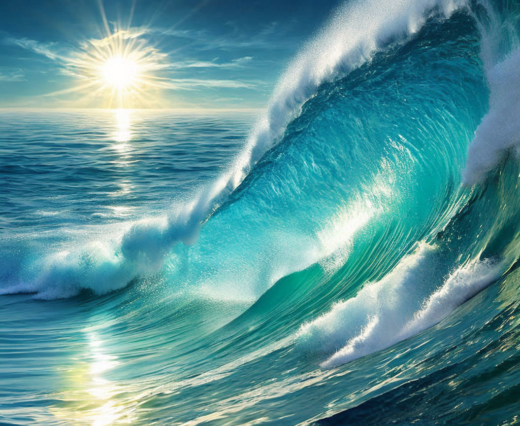 Sunlit ocean wave curling with frothy spray against clear sky